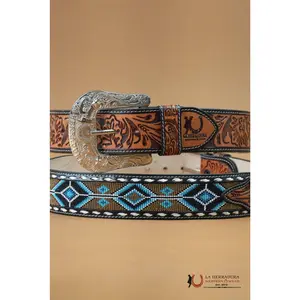 LA HERRADURA AZTEC NAVY SKY BLUE HANDTOOLED 2 INCH BELT