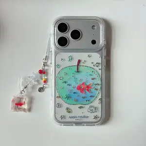 Transparent gilt green apple goldfish pendant ins Korean applicable Apple 17ProMax mobile phone case iphone15 new 16pro women's cute 17pro double-layer 14 anti-drop mobile phone case Casing Protector