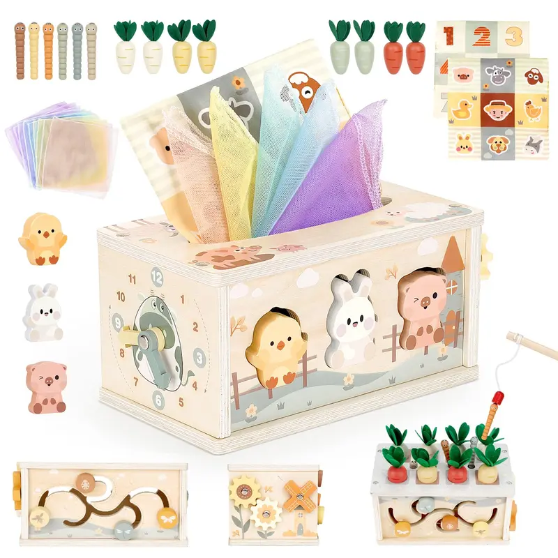 Baby Tissue Box Toy - Wooden Montessori Toys , Educational Baby Toys for Preschool Learning Fine Motor Skills, Activity Cube Sensory, Multifunctional Stuffers Learning Toy, #backtoschool