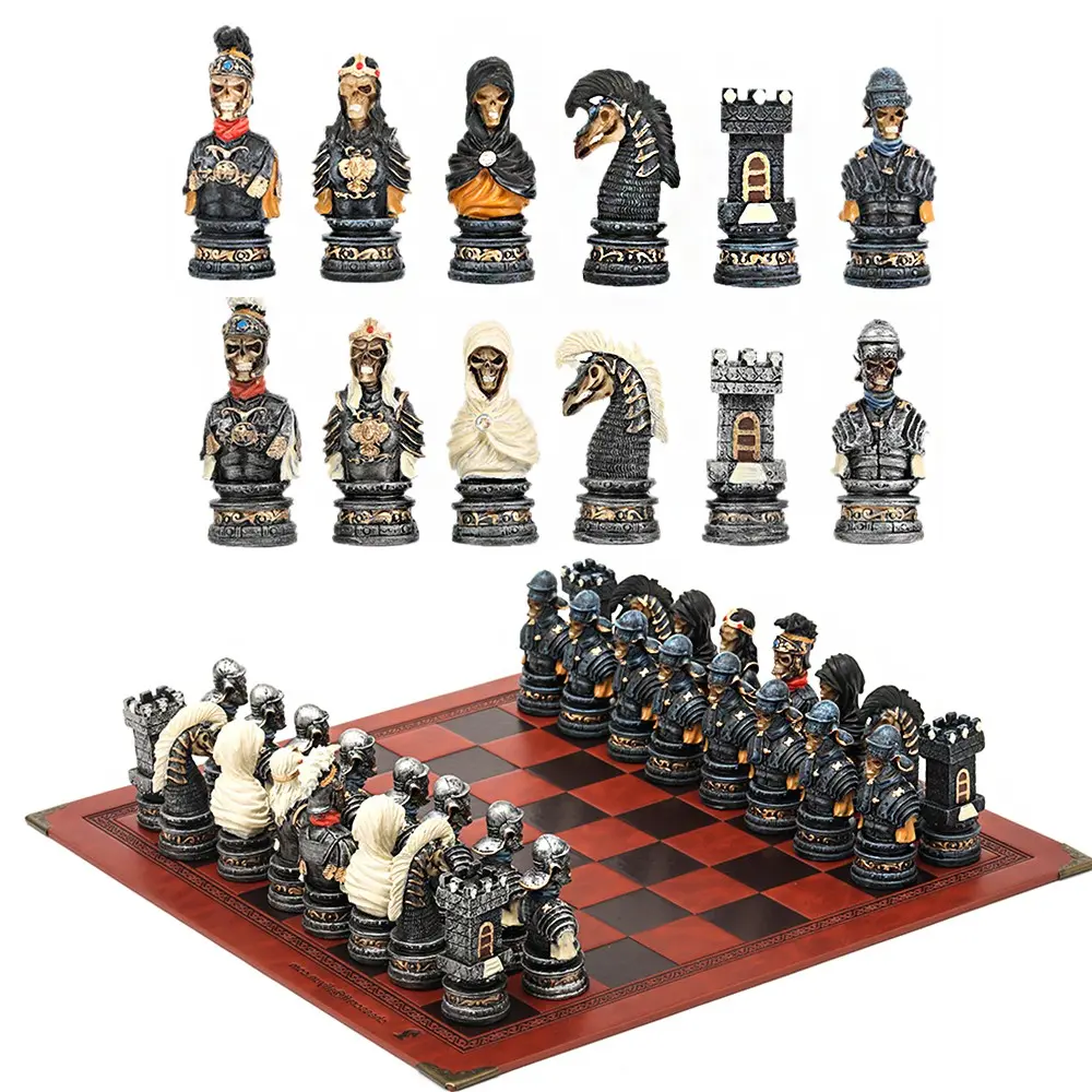 32 Piece International Chess Set, High-Quality Resin Pieces, Artificial Leather Board, Tabletop Chess Board, Table Game, Gift for Halloween & Christmas, Board Games