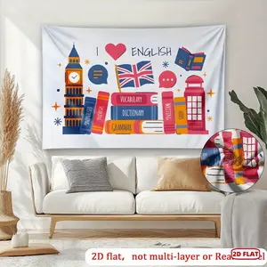 1pc 2D Flat, English Learning Tower Backdrop Banner - Vibrant Design with Big Ben, Union Jack, and Books - Reusable Polyester Wall Decoration for Home Decor, Birthday, Anniversary, and Photography - Indoor/Out