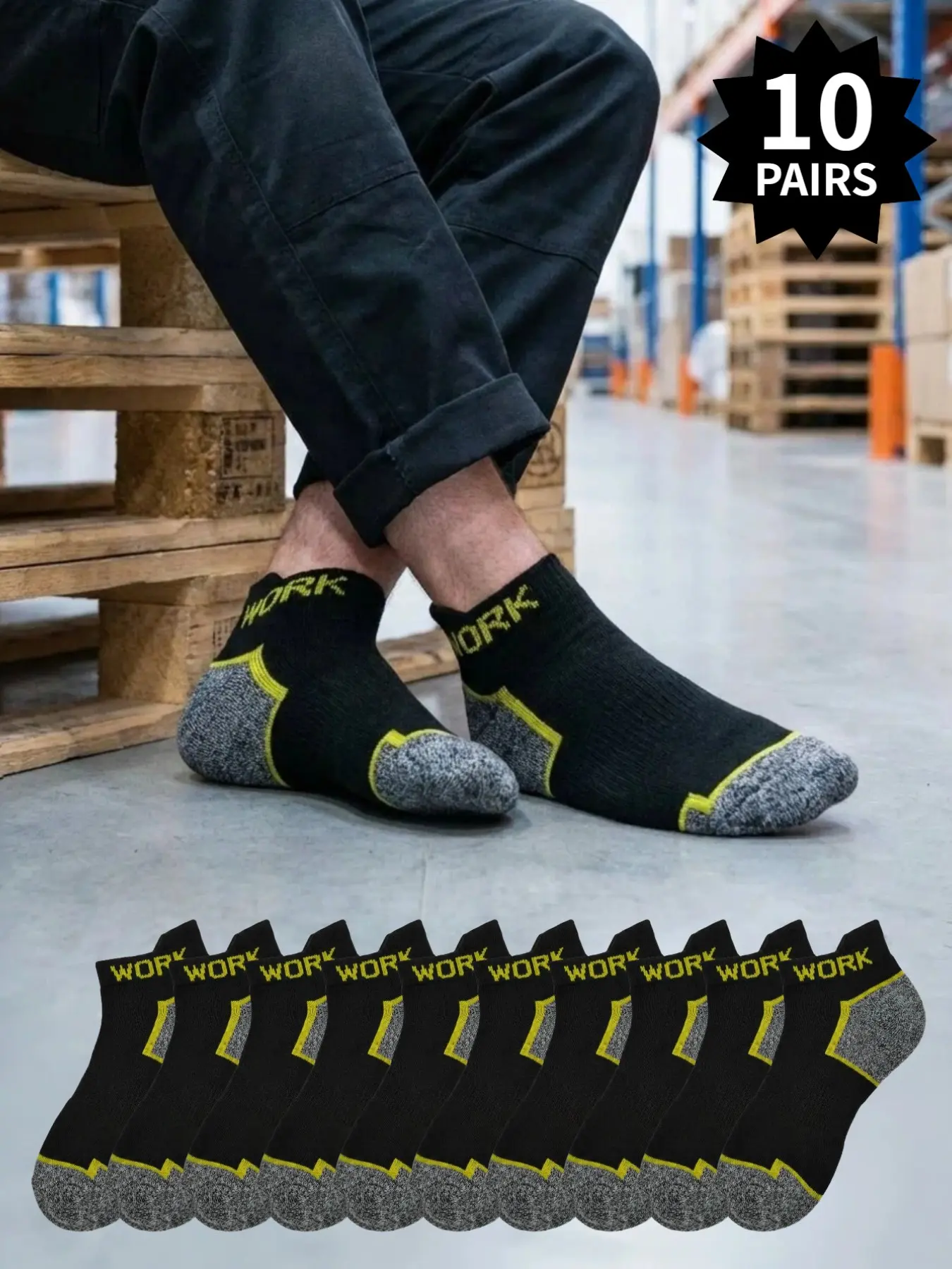 10 pairs of men's socks, black and yellow color work socks, black Cushioned Crew Socks, breathable and moisture-wicking, sports socks, All Season Socks, cushioning, reinforced heels and toes, all-day comfort, suitable for work and daily wear