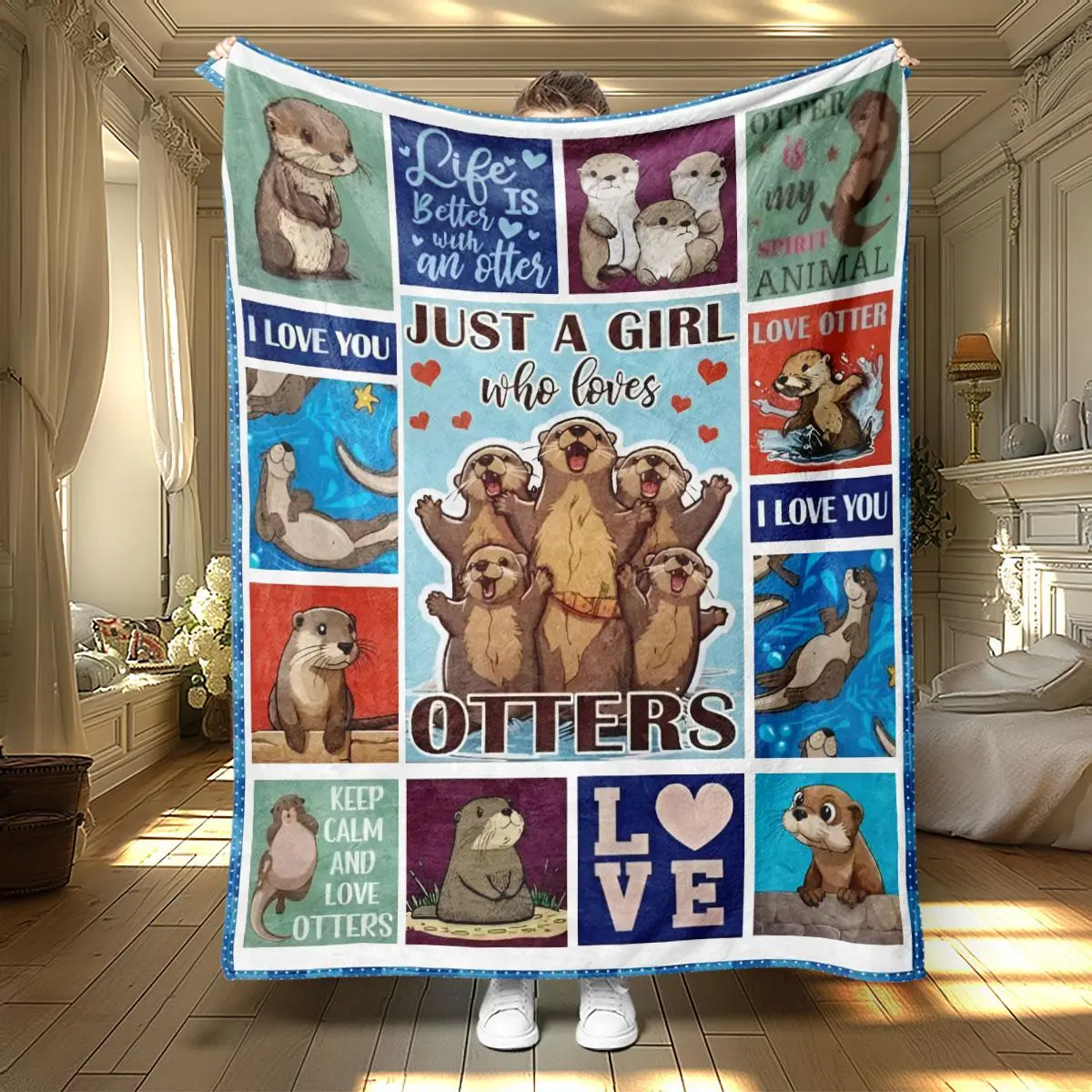 Cartoon Otter Pattern Slogan Print Blanket, Soft Warm Throw Blanket, Air-conditioned Room Blanket, Warm Nap Blanket for Home Office Travel, Cozy Throw Blanket