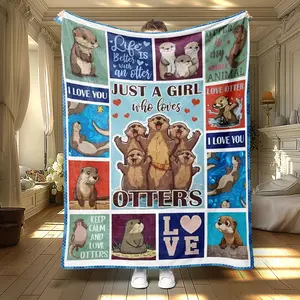 Cartoon Otter Pattern Slogan Print Blanket, Soft Warm Throw Blanket, Air-conditioned Room Blanket, Warm Nap Blanket for Home Office Travel