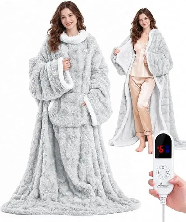 Wearable Heated Blanket, Heated Robe Luxury Faux Fur & Sherpa Electric Throw Blanket with Foot Pockets, Sleeves Gift for Women Men, 52"x 72" 6 Heat Levels & 12H Timer ETL & FCC Certified
