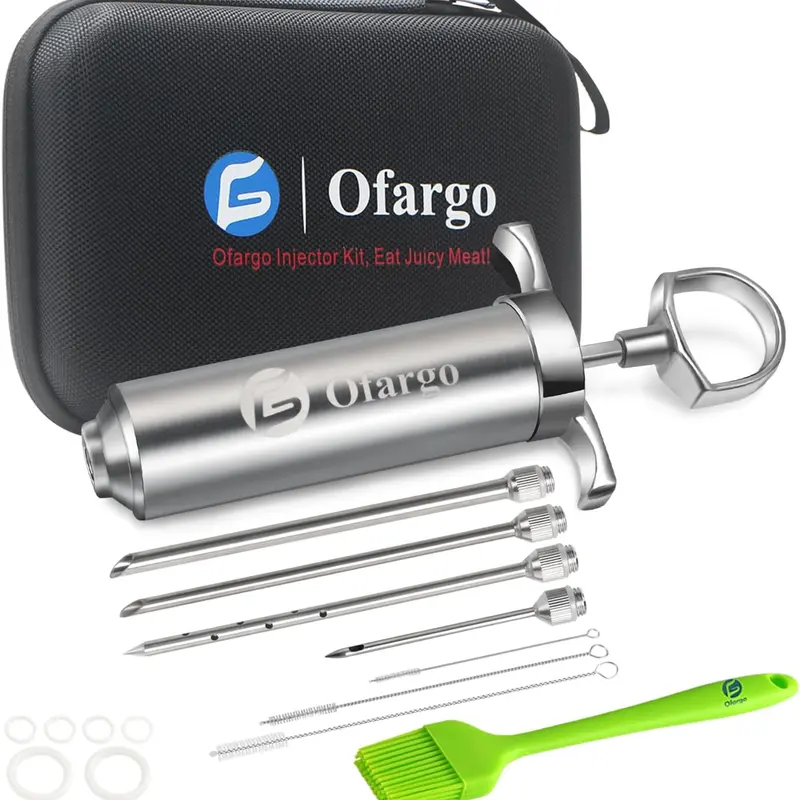 Ofargo Stainless Steel Meat Injector Syringe Kit with 4 Interchangeable Needles & Travel Case for BBQ Grill Smoker Utensils Ideal Mother Day Father Day Gifts for Dad Husband Men Him in Thanksgiving Christmas Day