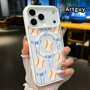 Ribbon and Baseball Pattern Pattern Magnetic Phone Case for iPhone 17 16 Pro Max Plus 15 14 13 12 11 Air And  Samsung 26 25 24 23 24E Anti-Yellowing Shockproof Lightweight Transparent Acrylic Large Hole Soft Cover Supports Wireless Charging
