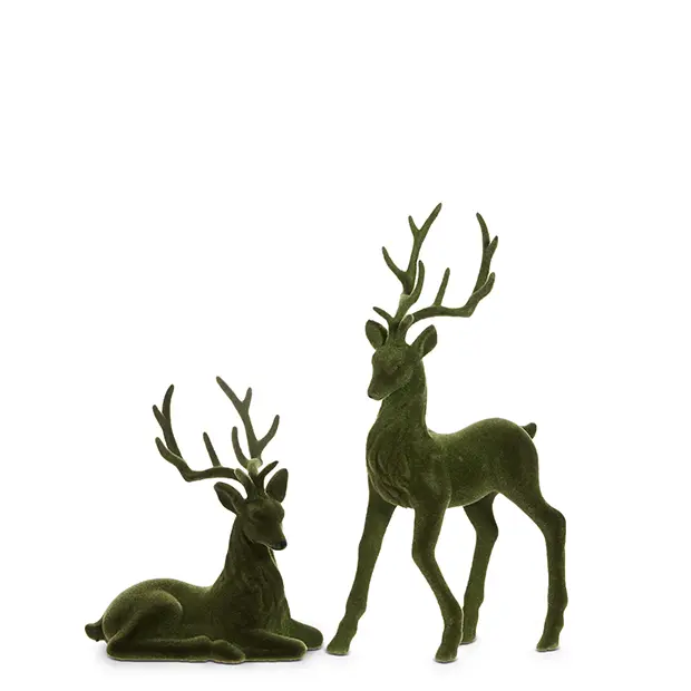 ANTIQUE FARM HOUSE Medium Scale Plastic Faux Green Velvet Deer Figurine Theme Set of 2 - Holiday Decor, Festive Decoration for Christmas Home Use