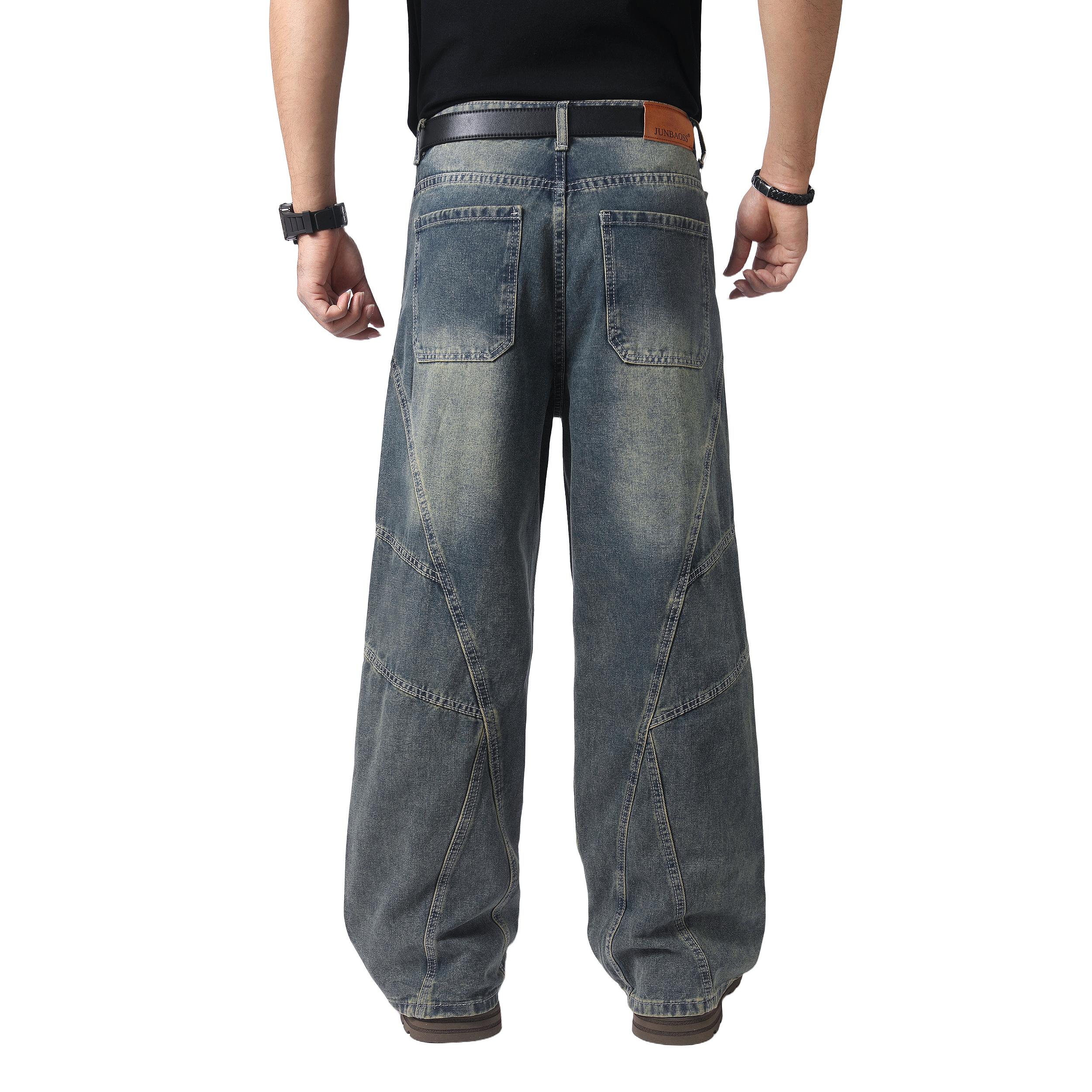 JUNBAOSS Men's Baggy Hip Hop Jeans Y2K Casual Vintage Wide Leg Skater Denim Pants Loose Fit Long Trousers 2000s Streetwear Mens Irregular Sutures Skateboard Steampunk Baggy Jeans Plain Pants Pockets