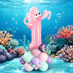 47-Piece Mermaid Birthday Balloon Column, Includes 32-Inch Pearl Color Numbers, Mini Mermaids, Shell Balloons, Party Decorations