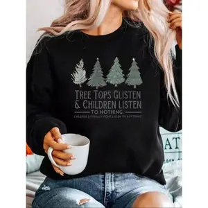 ��Plus Size�� Letter & Christmas Tree Print Drop Shoulder Sweatshirt, Casual Long Sleeve Round Neck Pullover for Daily Wear, Women's Clothing for Fall & Winter