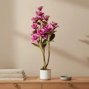OUTGOODS Decorative Lightweight Faux Plastic Potted Indoor Plants, 1/2 Pc PEVA Polyester Plastic Magnolia & Orchid Trees in White Planter, 24/31/37" for Home Office Decor