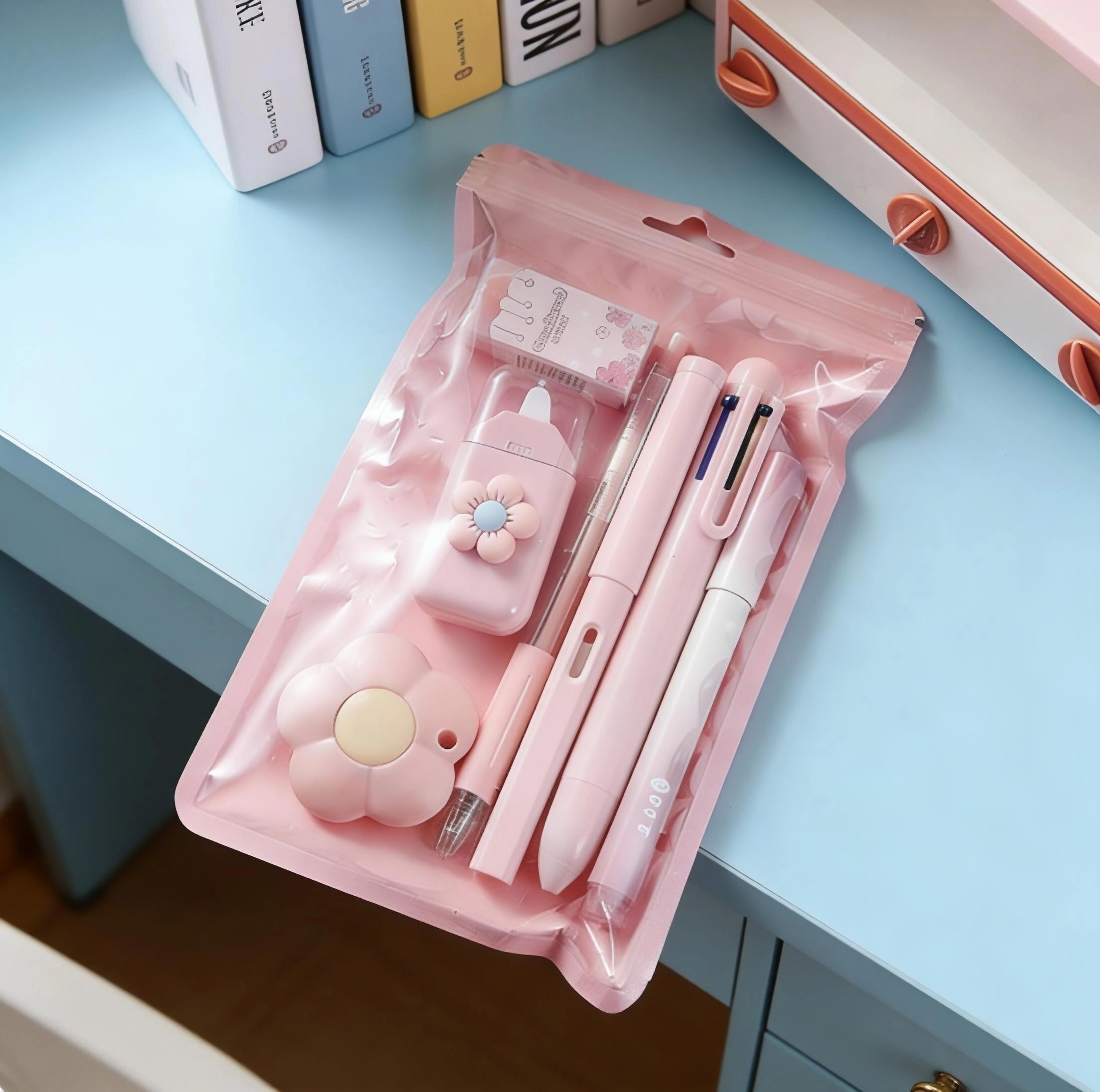 Cute Pink Flower Stationery Set, Aesthetic School Supplies Kit with Pens, Eraser & Pencil Case, Kawaii Office Desk Accessories, Back to School Gift for Girls Kids, Preppy Stationery Bundle