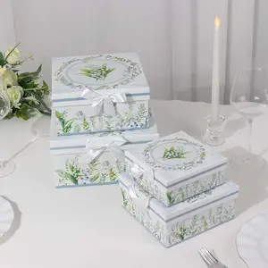 Set of 4 Cardstock Square Nesting Gift Boxes White Green Floral Design - Decorative Heavy Duty Stackable Keepsake Boxes With Lids for Presents Storage & Pedestal Stand 6",7",8",9"