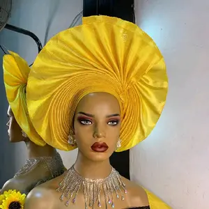 Autogele Gold African Gele Ready-to-Wear Headtie Adjustable Bridal Gele for Nigerian Brides Elegant and Stylish