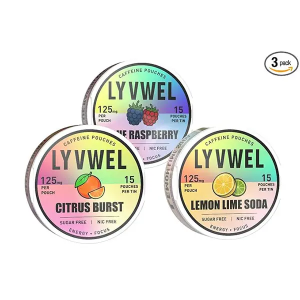 LyvWel 125mg Caffeine Pouches, Guarana-Powered Energy Pouches, Nootropic Pouches, Nicotine Free Pouches & Tobacco-Free (45 Total Pouches) (3 Pack, Blue Raspberry, Citrus Burst, Lemon Lime Sod)