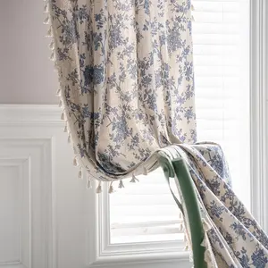 Vintage Flower Print Curtain, 1 Count Tassel Design Curtain, Decorative Draps for Living Room Bedroom