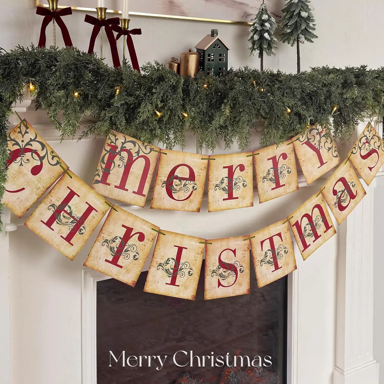 Vintage Satin Merry Christmas Wall Hanging Banner - Victorian Distressed Retro Nostalgic Festive Paperboard Decor with Ribbon, 54in Long-Lasting Indoors Farmhouse Light Olive Supplies, 5.8x5.8in Multiple Cards, Over 84in Option for Fireplace Mantle