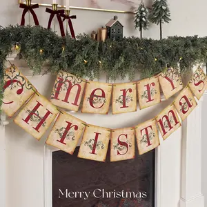 Christmas Decorations - Vintage Merry Christmas Banner - Retro Nostalgic Traditional Old Fashioned Victorian Xmas Holiday Clearance Decor for Indoor Home Office Fireplace Mantle Farmhouse Light Olive