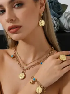 Handmade Blue Eye Coin Layered Necklace Bracelet Earrings Ring Set, Vintage Ethnic Jewelry, Casual Stainless Steel Accessories