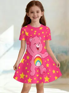 Girls' Heart Bear Cheer Bear Rainbow A-Line Dress, Cute Cartoon Short Sleeve Dress, Fashion Outdoor Wear, Birthday Gift, Holiday Gift