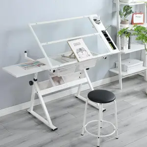 Drafting Table w/Stool, Adjustable Height Glass Top Drawing Table - Tiltable Surface - Storage Drawers - Extra Side Desktop and Stool - Multipurpose Art Desk for Adults, Painting, Writing, Study