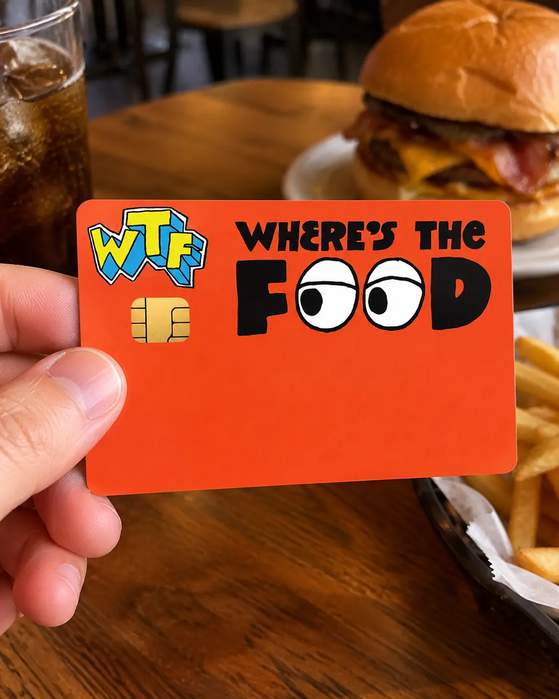Where’s the Food WTF Funny Credit Card Skin, Orange Cartoon Eyes Debit Card Sticker, Hungry Meme Bank Card Cover, Sarcastic Food Lover Wallet Accessory