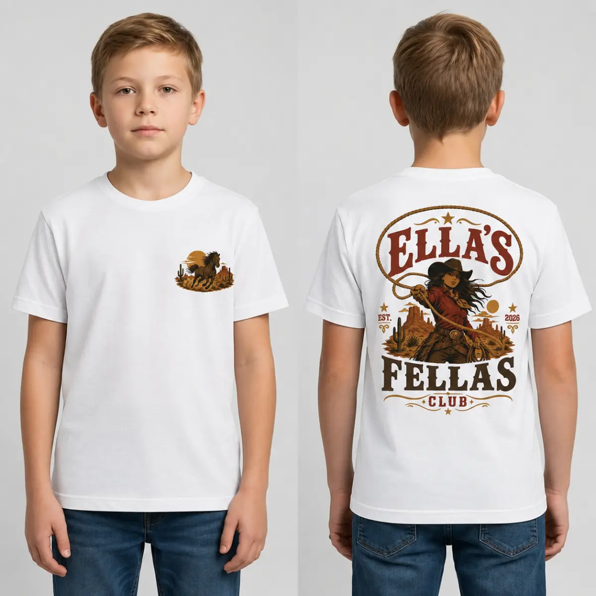 Ella's Fellas Club Youth Shirt, Vintage Western Cowboy Graphic Tee for Kids, Desert Cowgirl Youth T-Shirt, Country Rodeo Shirt for Boys & Girls, Cute Western Gift for Young Country Fans