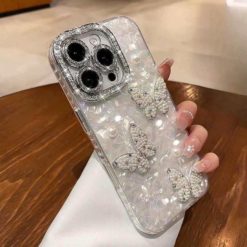 Compatible with iPhone 17 Pro Max/ 16/15/14/13 Shell pattern hand pearl bow phone case-HN312-2