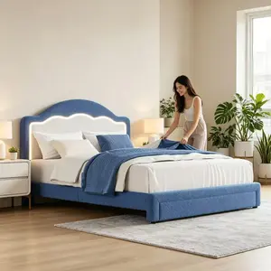 LH-ed Frame with LED Lights, with Adjustable Headboard,Luxury Upholstered Platform Bed Comfortable Padded Headboard Sturdy Bed Frame for Bedroom Modern Home Decor Furniture