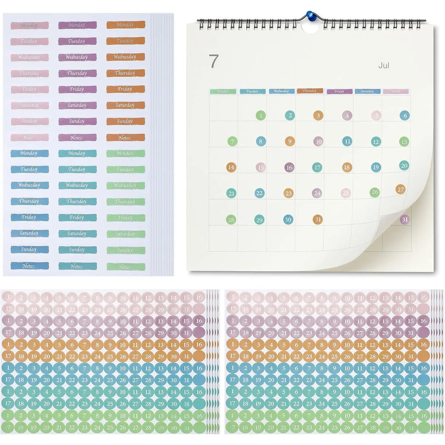 2340 count Day of The Week Stickers and Dates Round Dots Stickers Small Colorful Decorative Planner Sticker for Journals Calendars Notebooks Mark