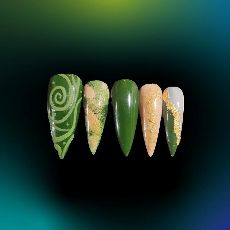 Affirm Me (BossLady) PRESS-ON 25pc Set Stilletto Shape , Hunter  Green, Gold flakes, 3D Art Nail Care Nail Polish Cosmetic Manicure Nail Art Cutics