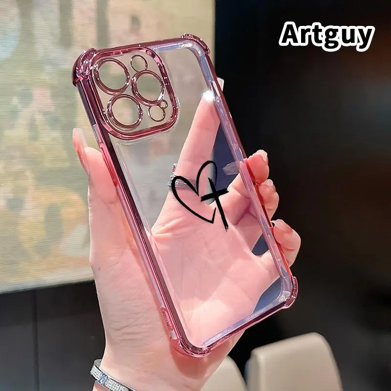 Transparent Electroplated Heart Cross Pattern Smartphone Case, 4-Corner Anti-Fall Shockproof Cellphone Protector Casing for iPhone 17, 16 E Pro Max, 15 Plus, 14, 13, 12, 11, Air Mobile Phone Accessories