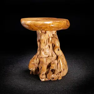 Live Edge Teak Root Seat / Side Table - Tree Stump Stool with Natural Finish and Versatile Design