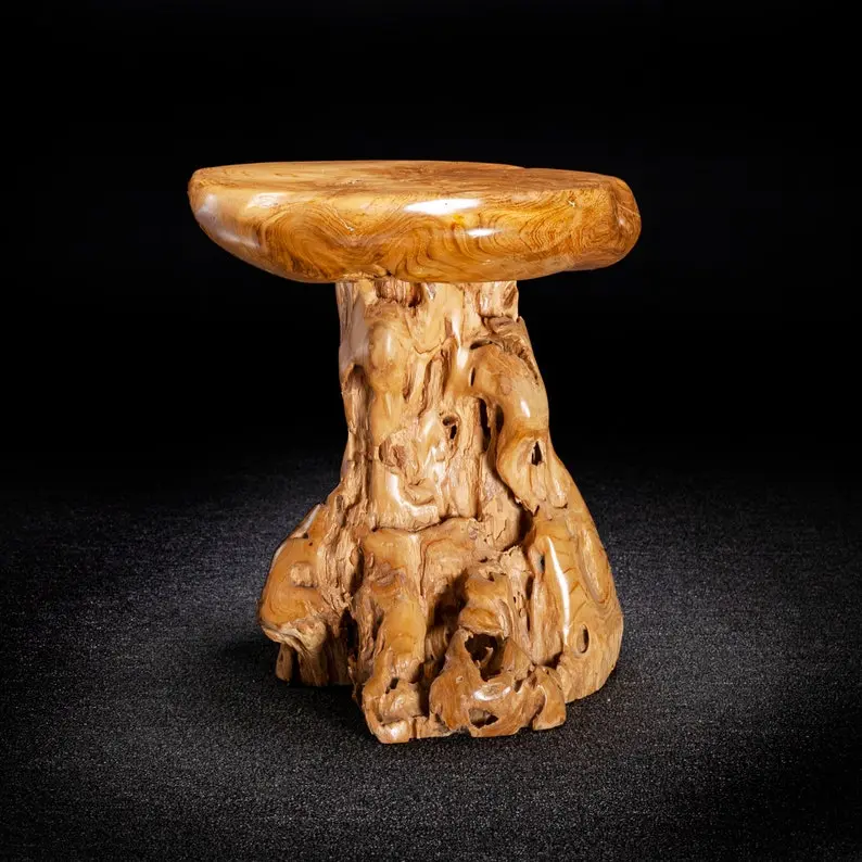 Live Edge Teak Root Seat / Side Table - Tree Stump Stool with Natural Finish and Versatile Design