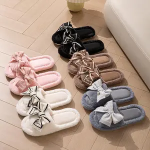 Women's Fuzzy Open-Toe Slippers with Bowknot - Cozy LOVE Print House Slides, Plush Warm Indoor Shoes for All Seasons(Sheets)