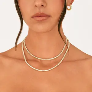 PAVOI 14K Gold Plated 3mm Simulated Diamond Tennis Necklace – Chunky Long Necklace for Women – Sizes 15" and 18"