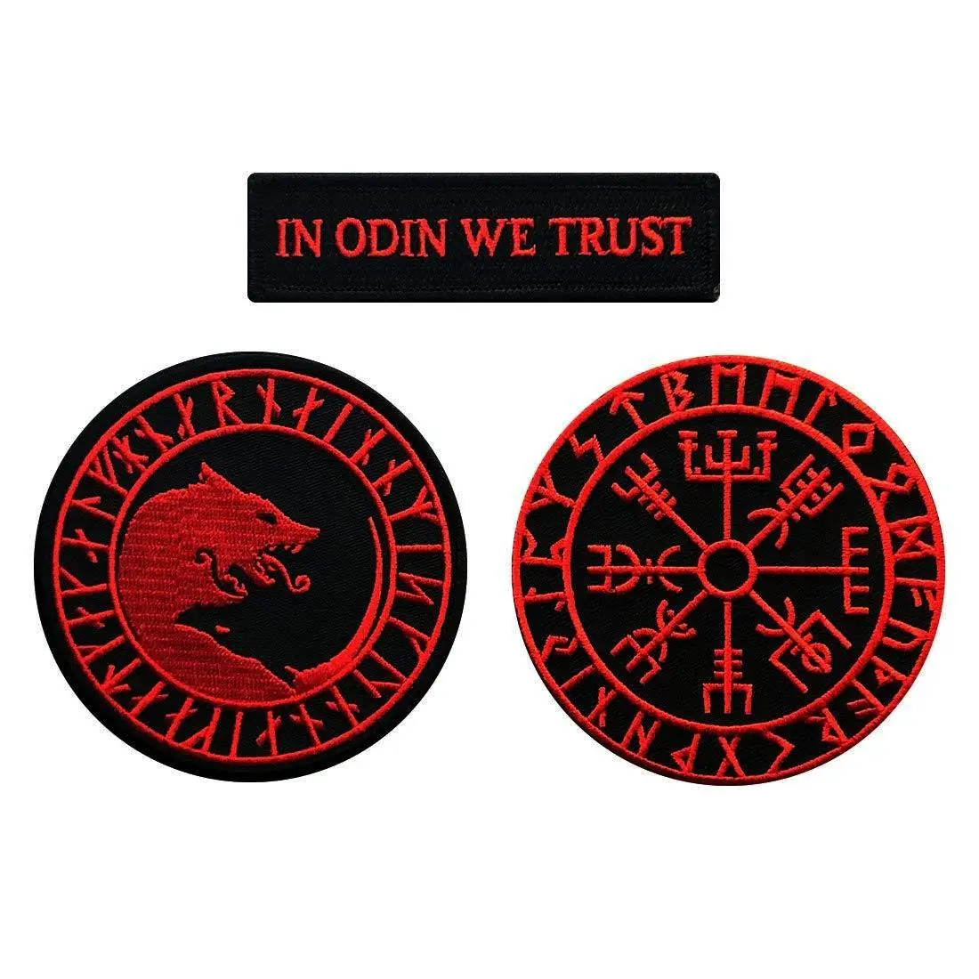 in Odin We Trust Úlfhédnar Wolf Viking Compass Vegvisir Patch [3pc Bundle-Iron on -red/blk]