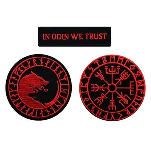 in Odin We Trust Úlfhédnar Wolf Viking Compass Vegvisir Patch [3pc Bundle-Iron on -red/blk]