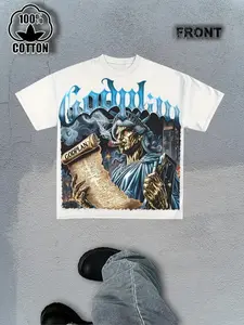 Men'S Godspeed Rebel Statue of Liberty Graphic T-Shirt - 220g Heavyweight Cotton Retro Streetwear Tee with Geometric Print,