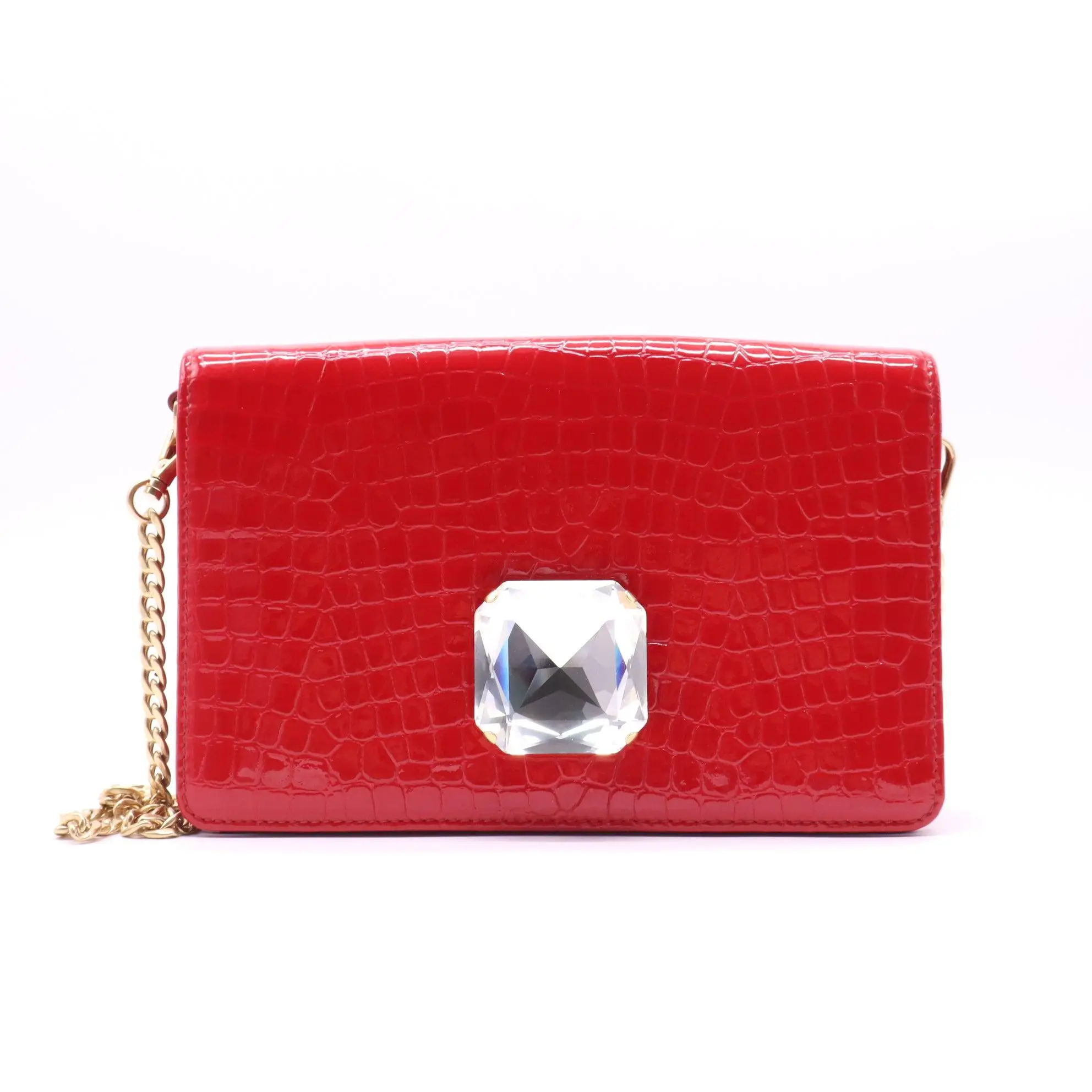 Pre-owned miu miu Leather Shoulder Bags Prada Croc Embossed Patent Crystal Flap Shoulder Bag B22260
