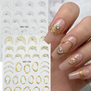 Gold & Silver Color Frame Nail Art Stickers, 3D Embossed Rhinestone Designs Nail Decals, Simple Line Patterns DIY Manicure Decorations