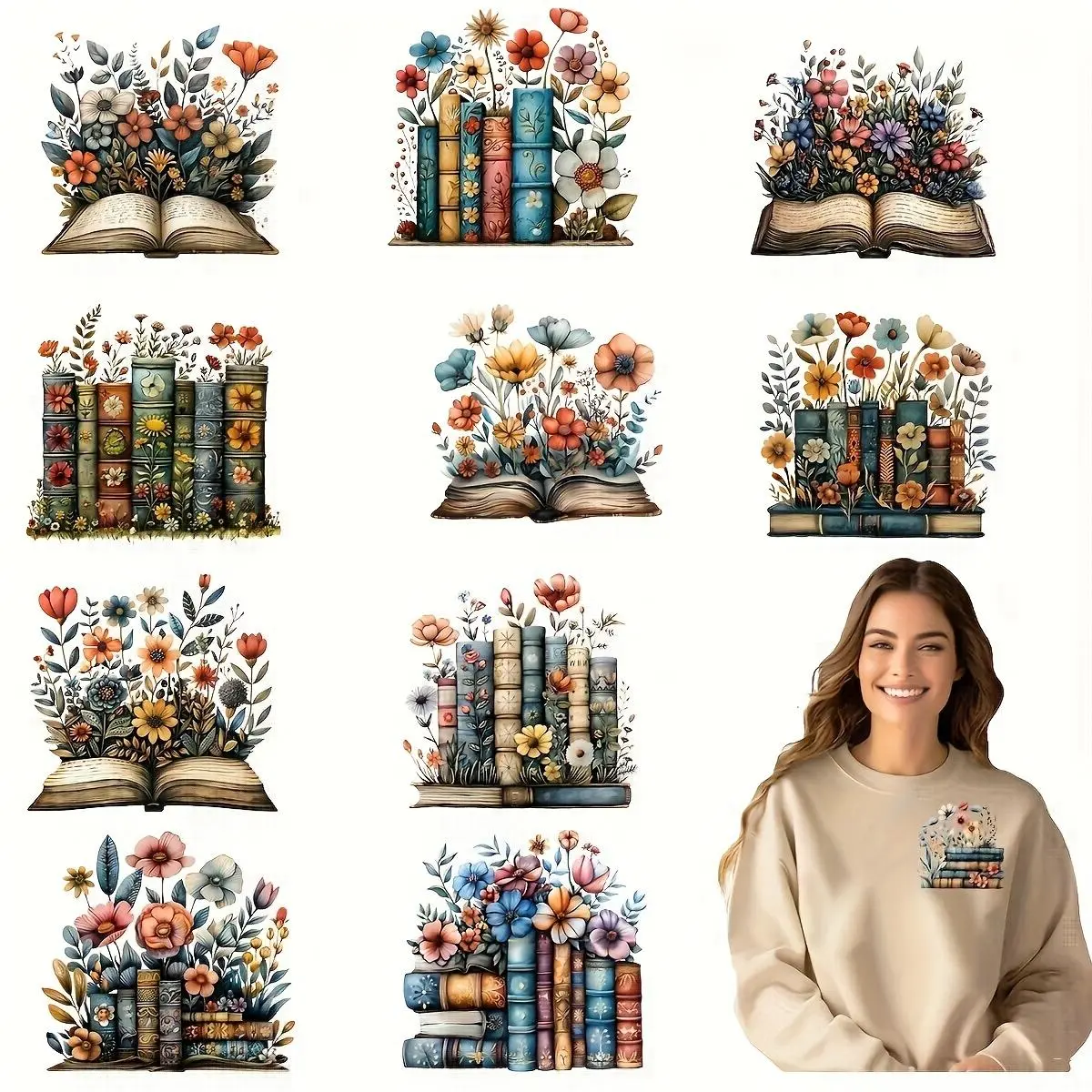Floral Book Stack Iron-on Transfer Decals, Heat Press Patches for DIY Apparel & Accessories, Washable Appliques for T-shirts, Masks, Jeans, Backpacks