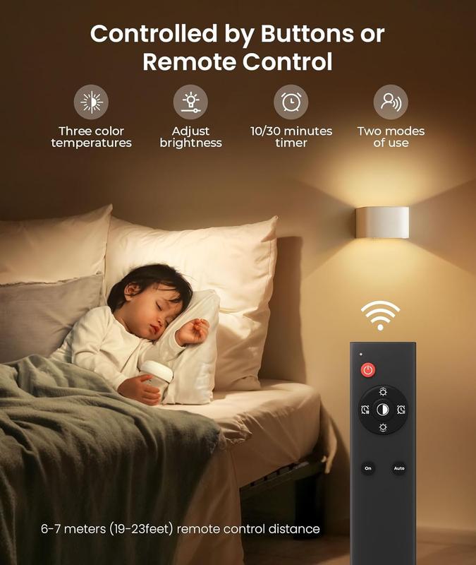 Motion Sensor Wall Light with Remote Control 3 Colors Wireless Wall Sconces LED Indoor Up and Down Lamp 5000mAh Rechargeable Battery Powered Brightness Adjustable White 2 Pack