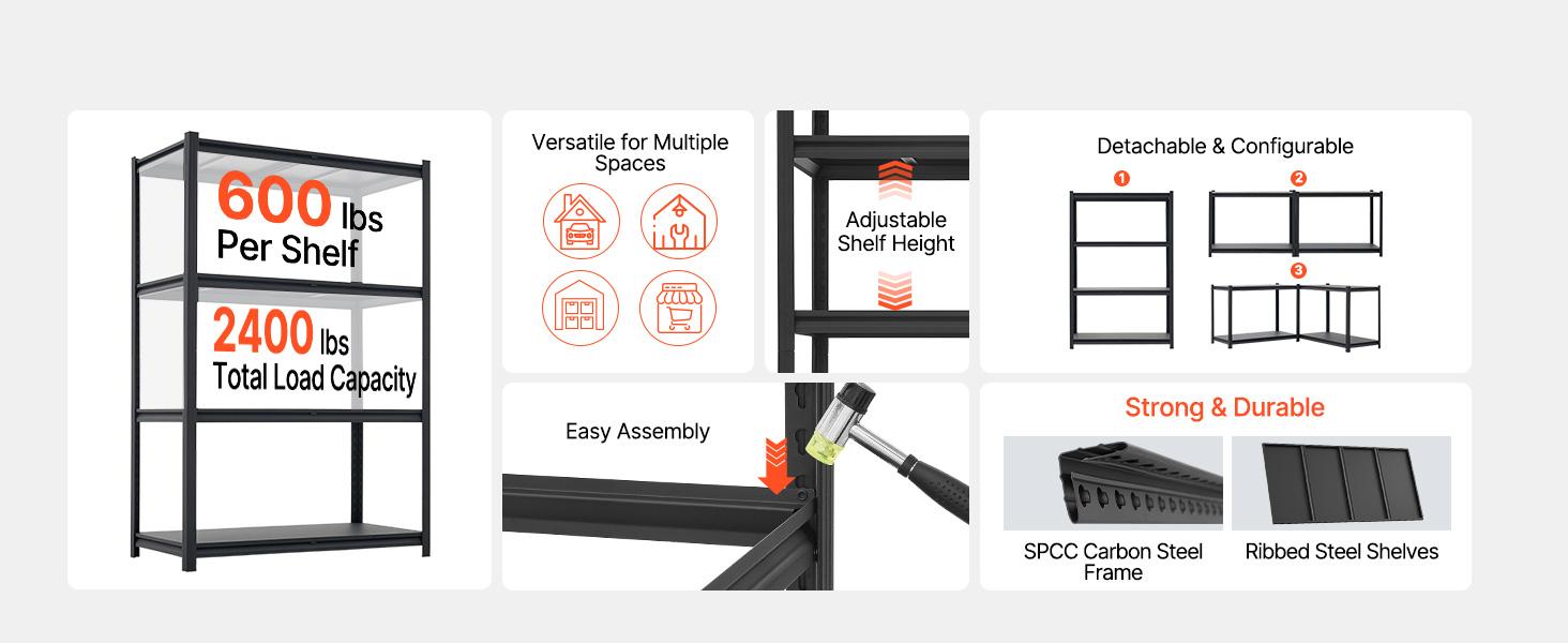 【fathersdaygift】VEVOR Storage Shelves, 4-Tier Adjustable, 2400 lbs Capacity, Heavy Duty Garage Storage Shelving Unit, Metal Utility Rack Shelf, for Garage Workshop Warehouse Basement, 40.55" W x 20.55" D x 60.2" H, Organiser