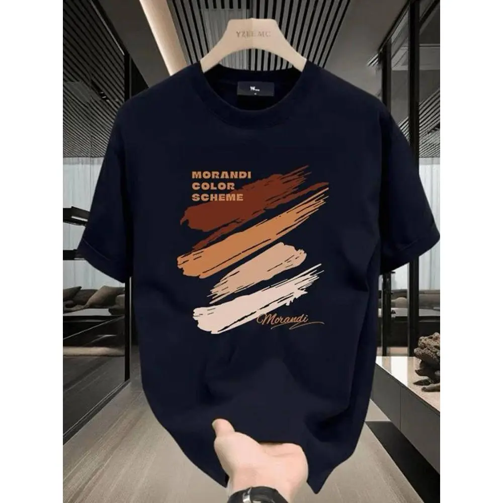 Men’s Black T-shirt with Morandi Color Print, Breathable Pure Cotton Crewneck, Short Sleeve Summer Tee, Casual Relaxed Fit, Versatile Streetwear   Shortsleeve White Menswear Soft compression shirt women workout tops oversized gym shirts