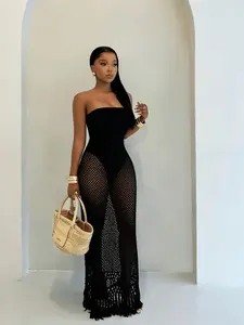 Women's Summer Beach Crochet Mesh Fringe Dress, Fake Two-Piece Design, Strapless Cover-Up, Perfect for Vacation Travel