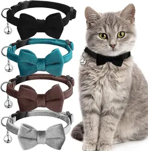 4pc Cat Bow Tie Collar with Bell Breakaway Cat Collar Comfortable Velvet Cat Collar with Cute Safety Pet Collar for Pet Cat