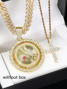 2pcs Iced out Hip-hop Trend Chain Emergency Disc Rotatable Pendant and Cross Pendant Cuban Necklace, Fashion Necklace, Rhinestone Decorated Jewelry, Chunky Necklace, Cuban Link Design