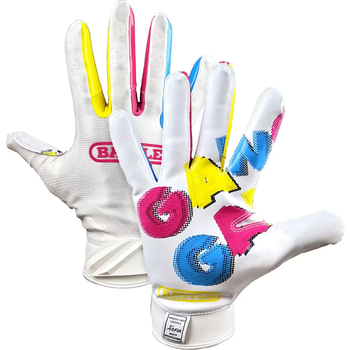 Battle Sports Football Gloves, Adult Double Threat Receiver Style in White with Ultra-Stick Palm, Breathable PerfectFit Material & Adjustable Hook and Loop Closure, Football Equipment, College Football Accessories